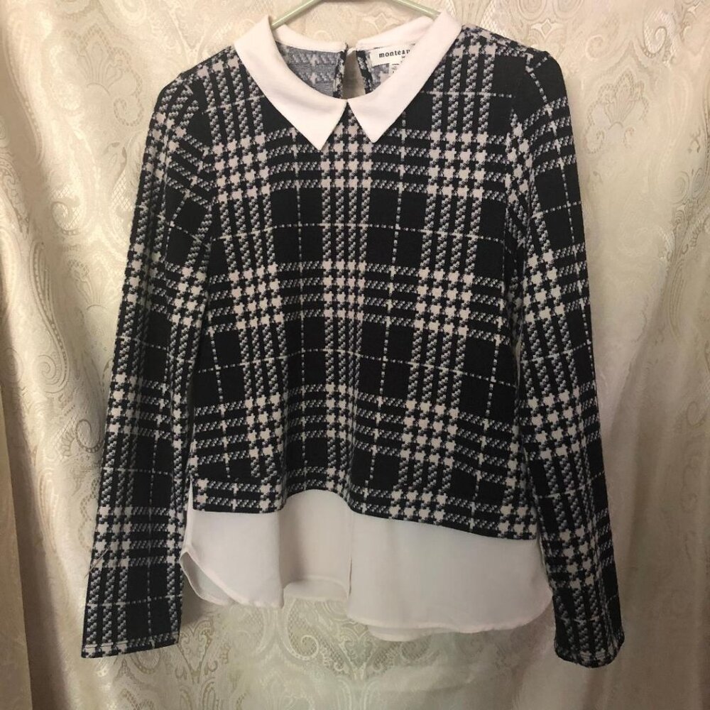 Monteau,  Black & Cream, Long Sleeve, Collared, Sweater Blouse Combo, Sz: Medium